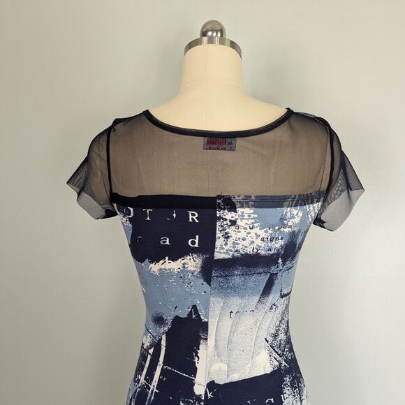 Graphic Print Mini Dress 4 Blue Knit Mesh French T Shirt Flare Blue Luc Fontaine - Picture 7 of 10